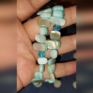 Turquoise Mother Of Pearl Blue and Cream Beaded Bracelet
